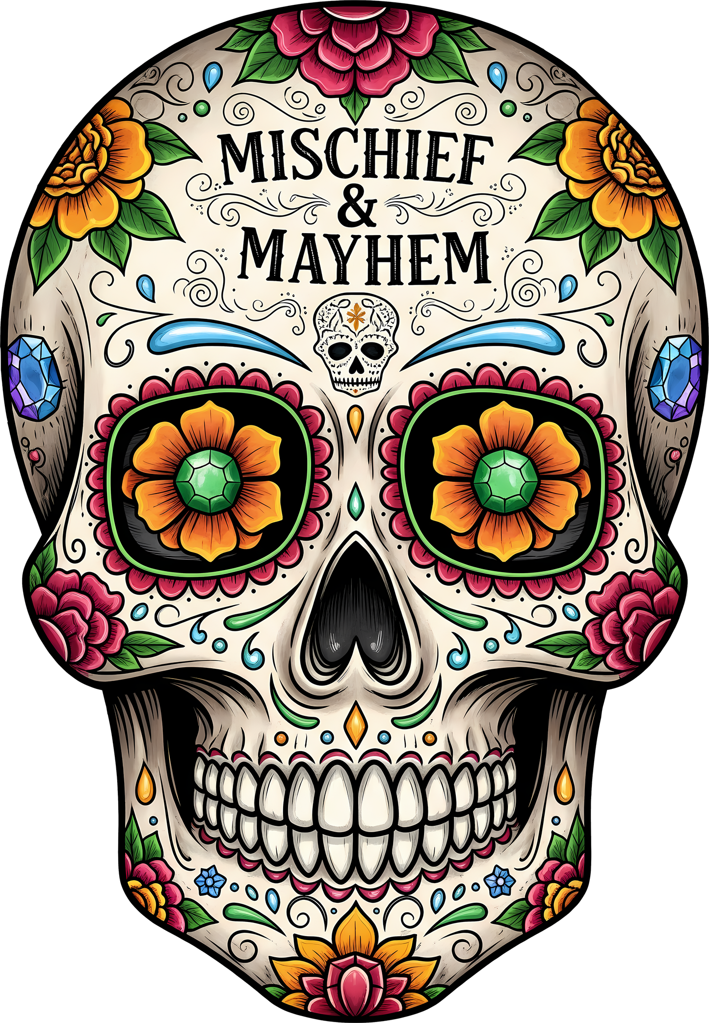 DTF Transfer – GL Mischief and Mayhem Skull Multi Sizes