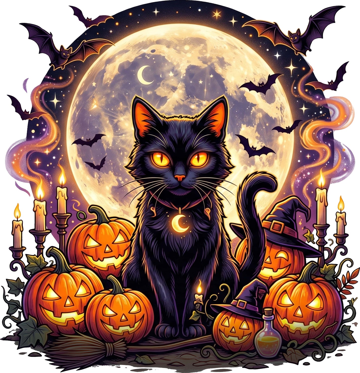 DTF Transfer – Black Cat Scene A Multi Sizes (HA-BC001)