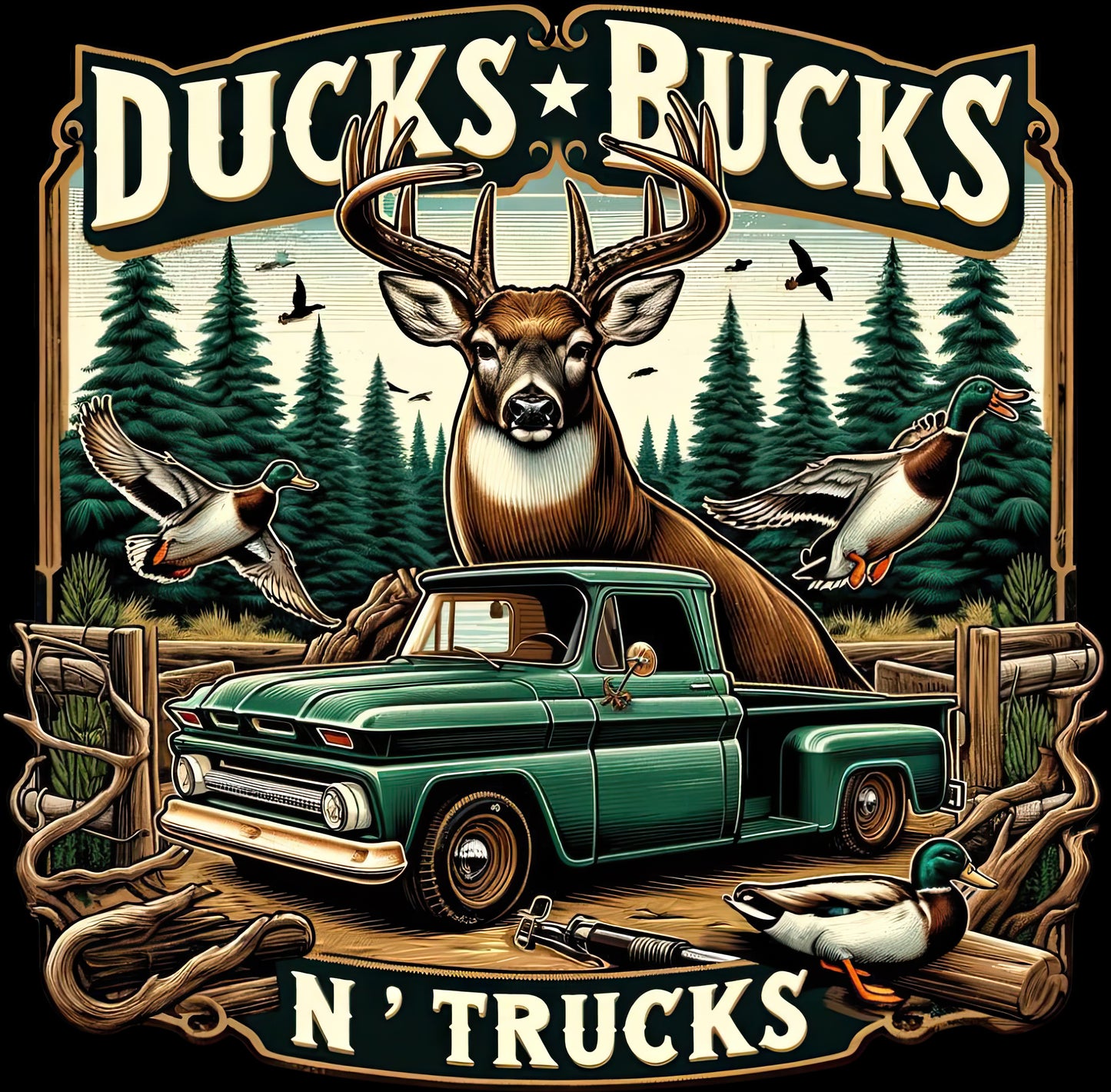 DTF Transfer – JB Ducks Bucks N Trucks Multi Sizes