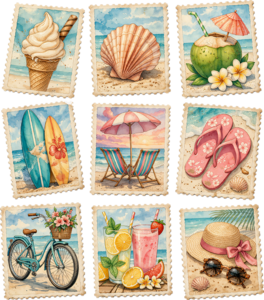 DTF Transfer – Beach Stamps Multi Sizes (BE-SC008)