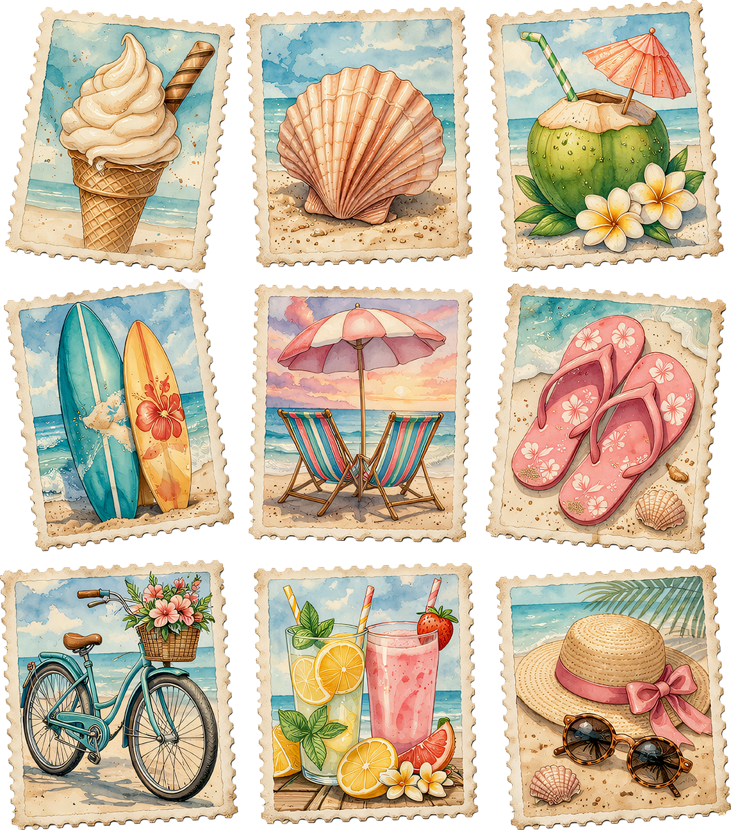 DTF Transfer – Beach Stamps Multi Sizes (BE-SC008)