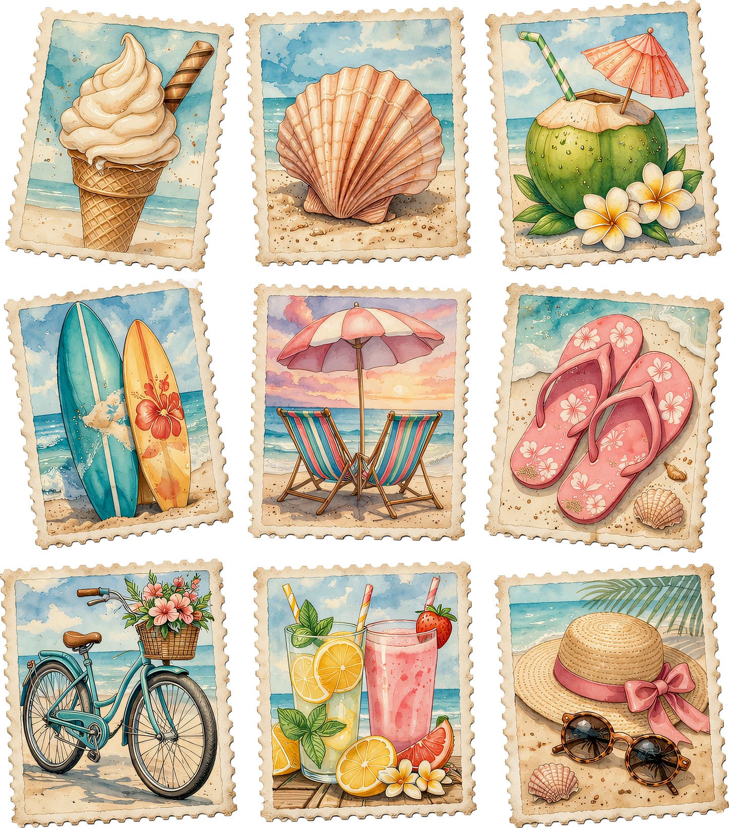 DTF Transfer – Beach Stamps Multi Sizes (BE-SC008)
