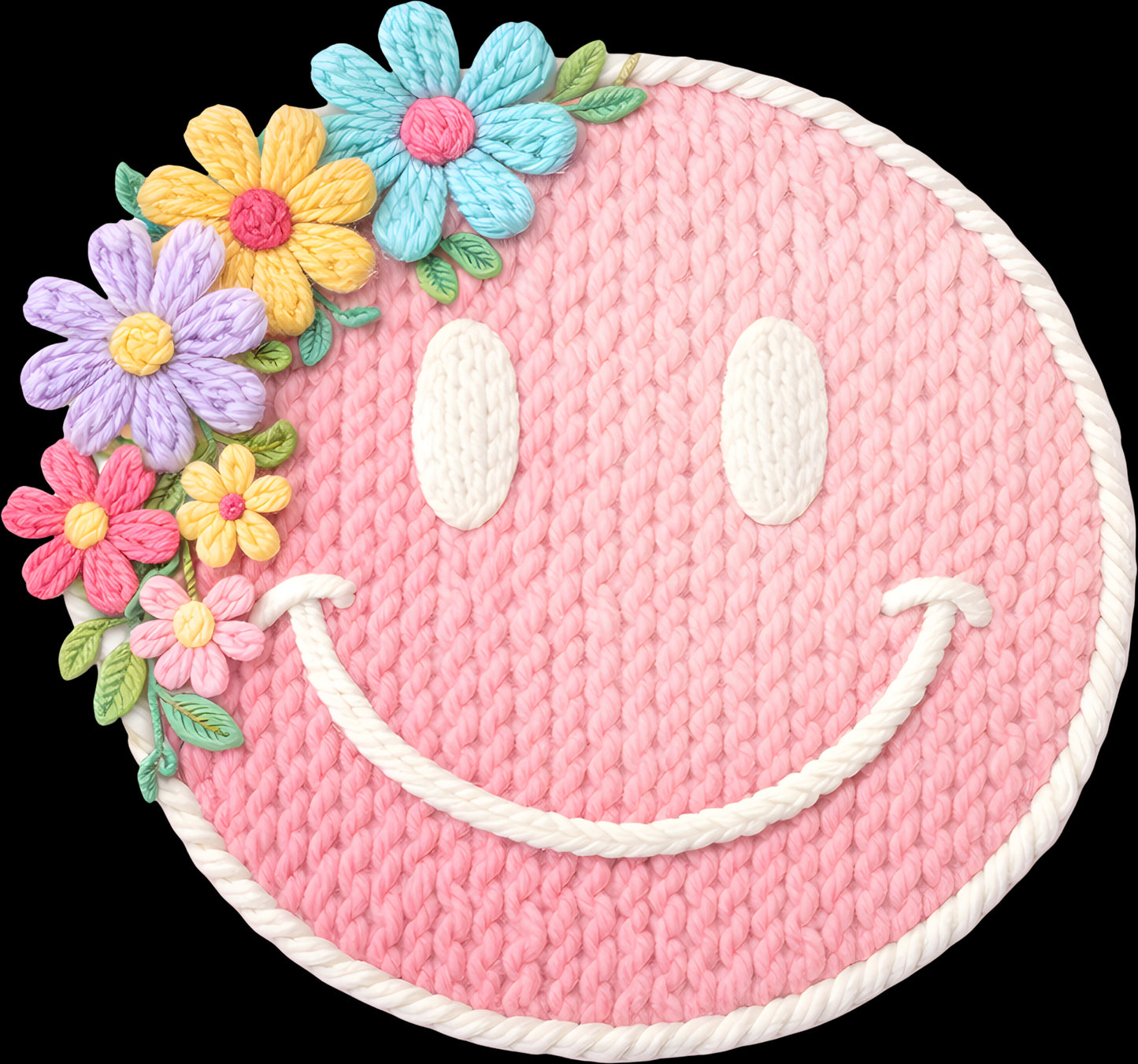 DTF Transfer – ER Yarn Flower Smiley Face Multi Sizes