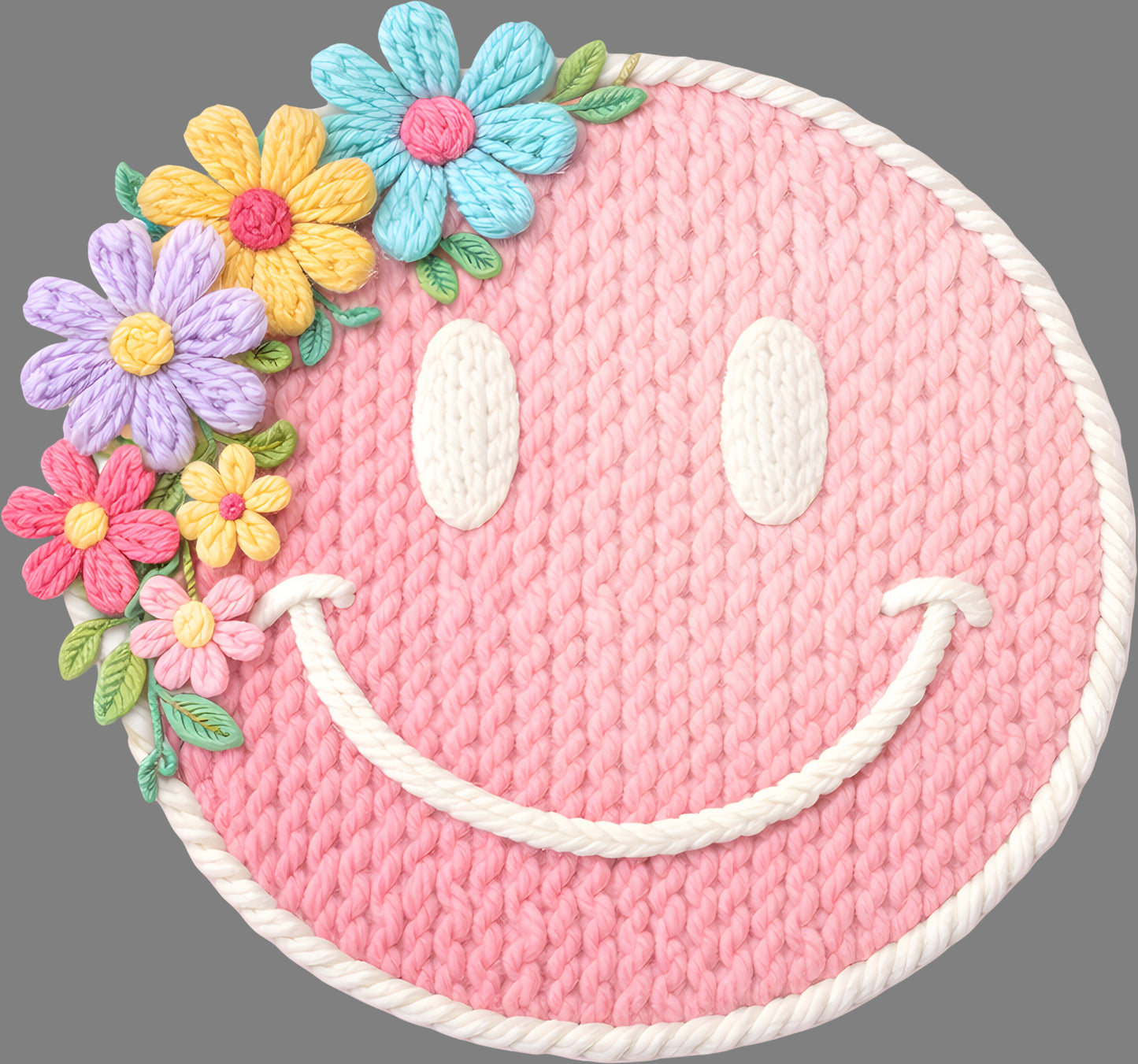 DTF Transfer – ER Yarn Flower Smiley Face Multi Sizes