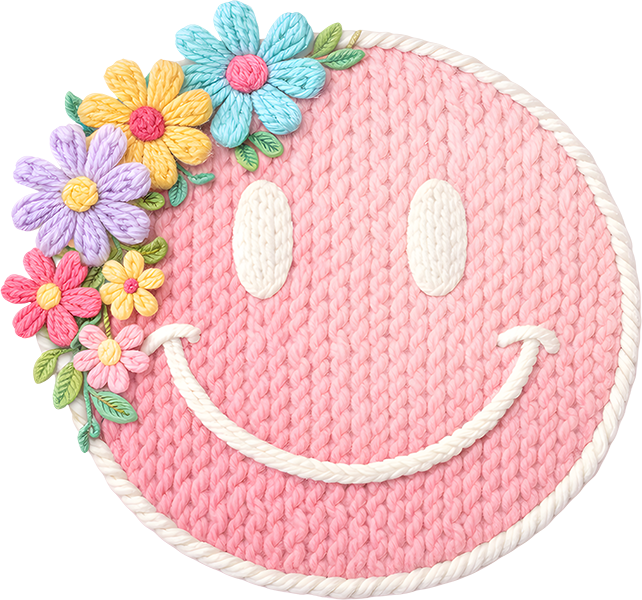 DTF Transfer – ER Yarn Flower Smiley Face Multi Sizes
