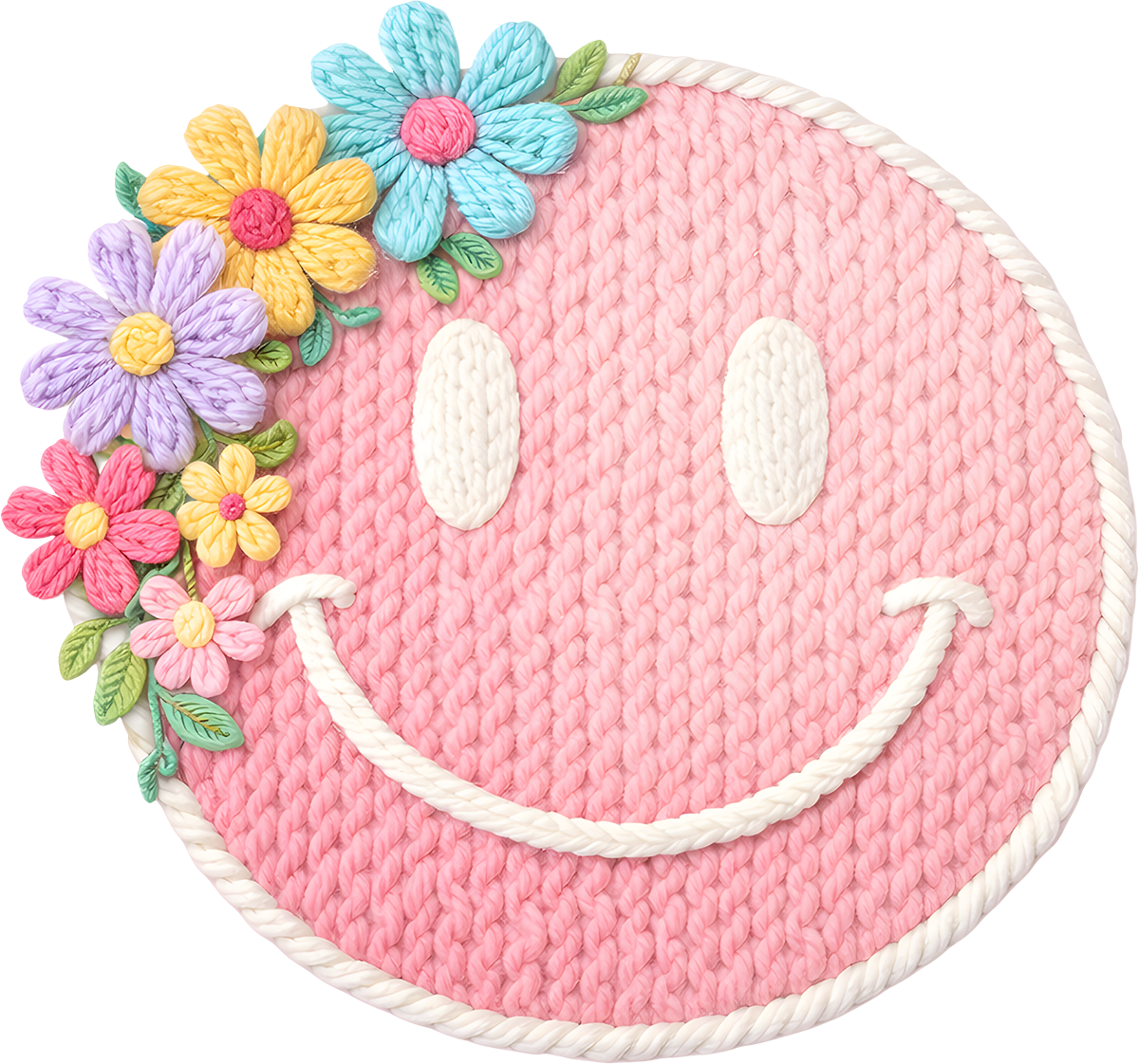 DTF Transfer – ER Yarn Flower Smiley Face Multi Sizes