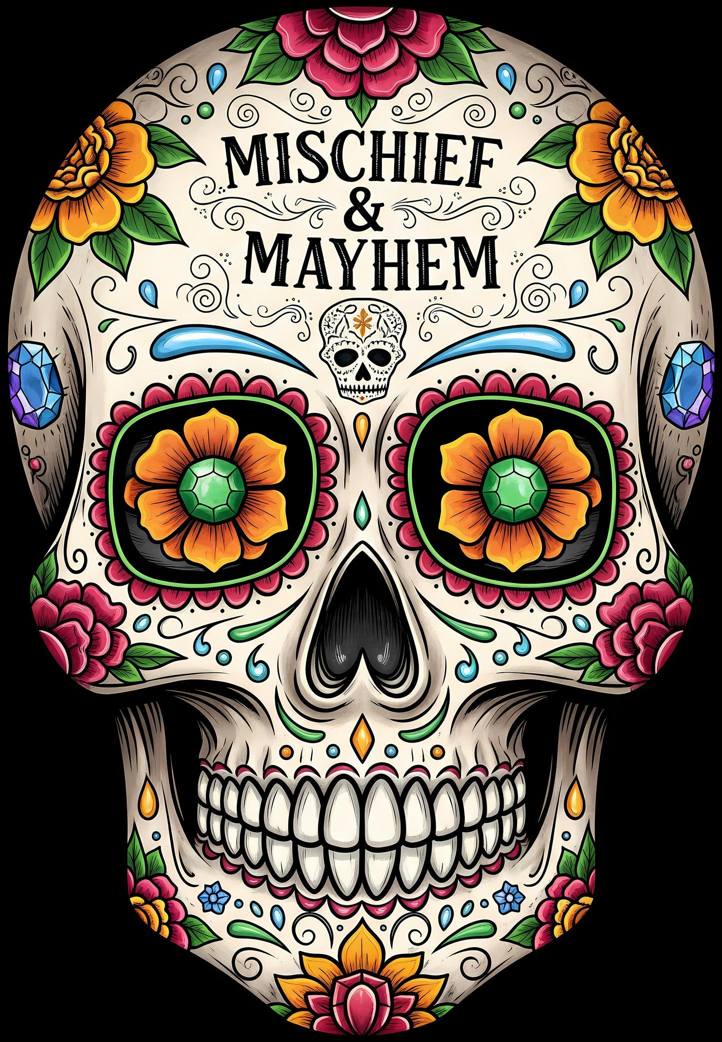 DTF Transfer – GL Mischief and Mayhem Skull Multi Sizes