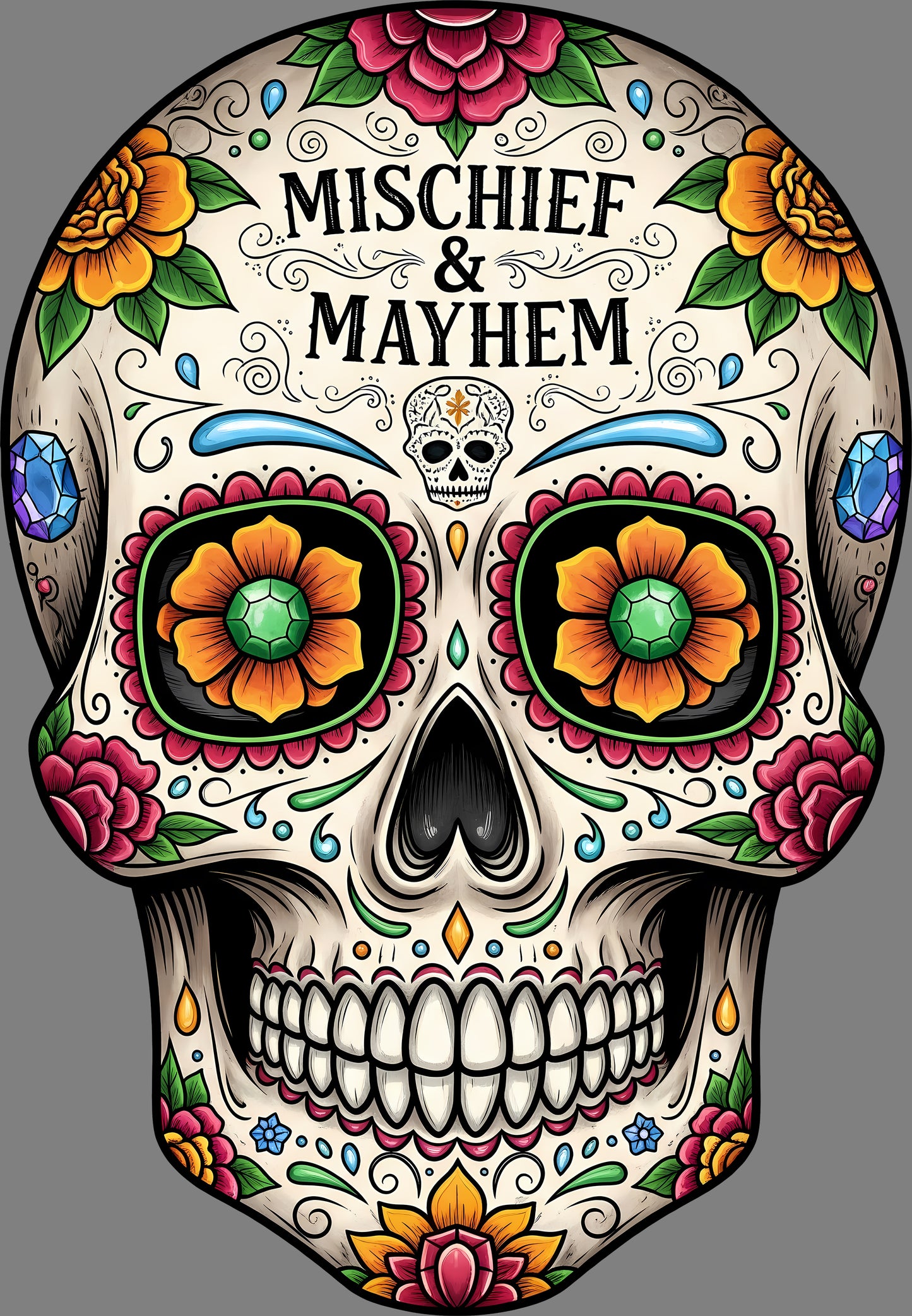 DTF Transfer – GL Mischief and Mayhem Skull Multi Sizes