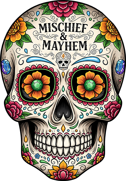 DTF Transfer – GL Mischief and Mayhem Skull Multi Sizes
