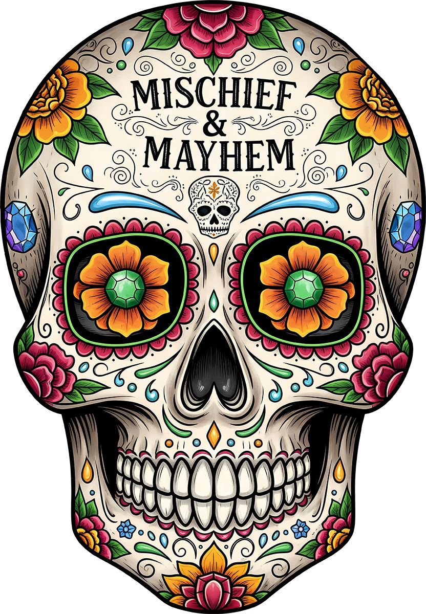 DTF Transfer – GL Mischief and Mayhem Skull Multi Sizes