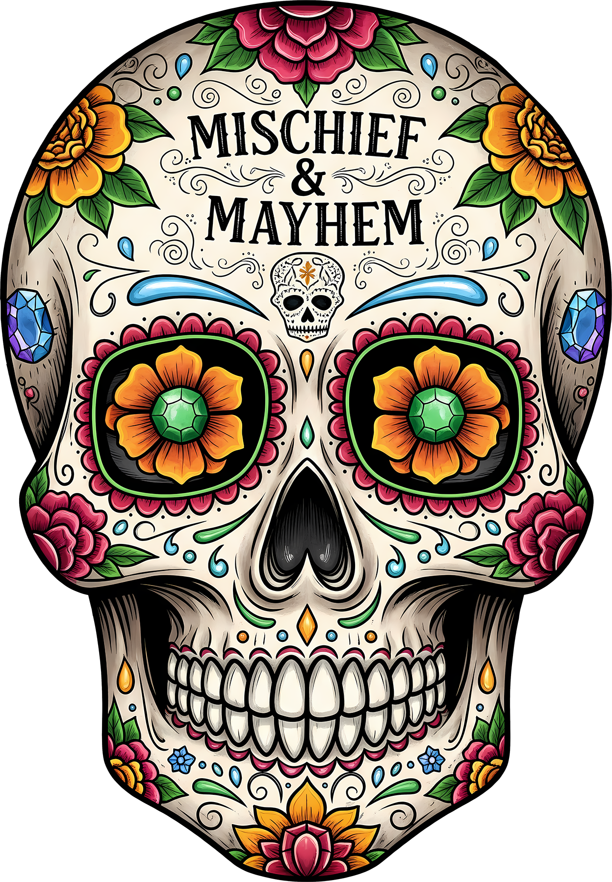 DTF Transfer – GL Mischief and Mayhem Skull Multi Sizes