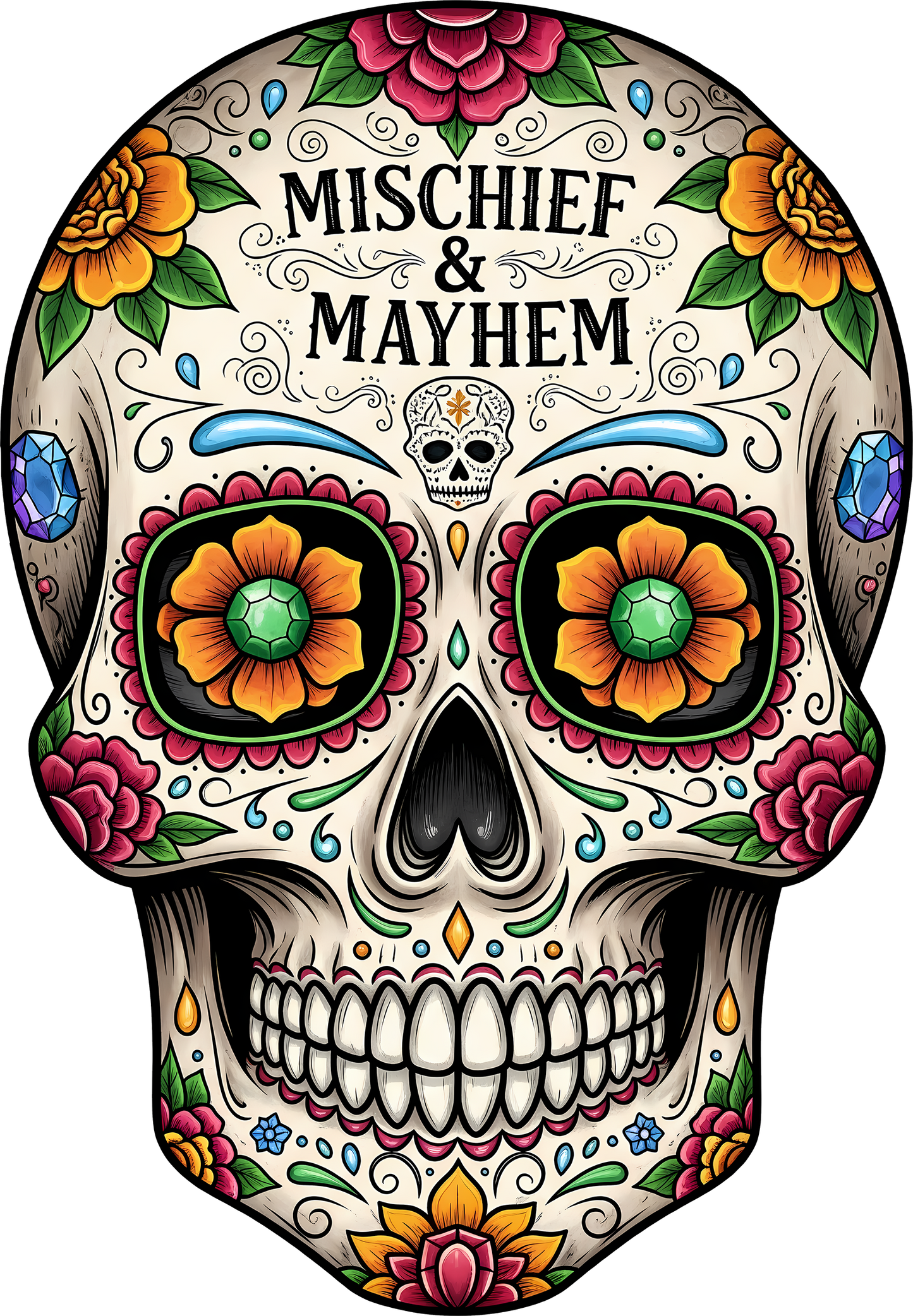 DTF Transfer – GL Mischief and Mayhem Skull Multi Sizes