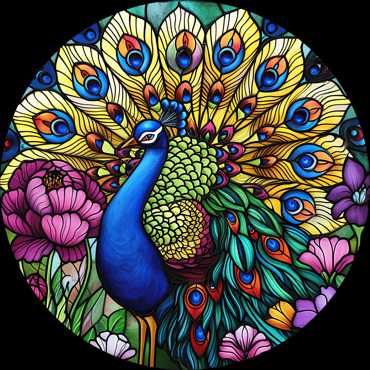 DTF Transfer – Glass Peacock Multi Sizes (AN-PE001)