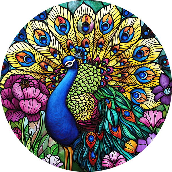 DTF Transfer – Glass Peacock Multi Sizes (AN-PE001)