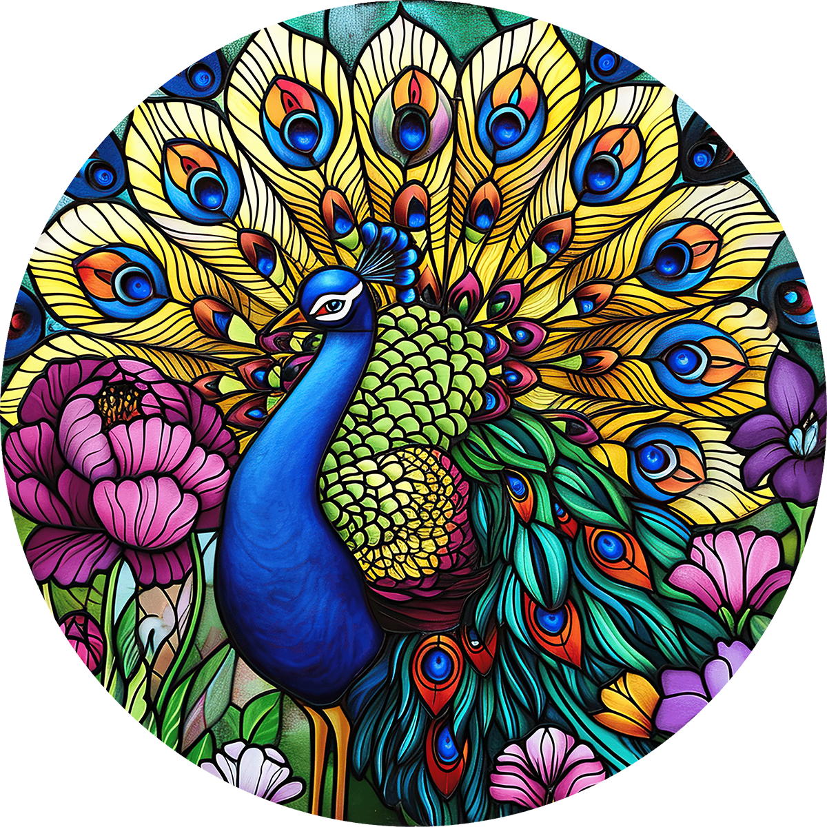 DTF Transfer – Glass Peacock Multi Sizes (AN-PE001)