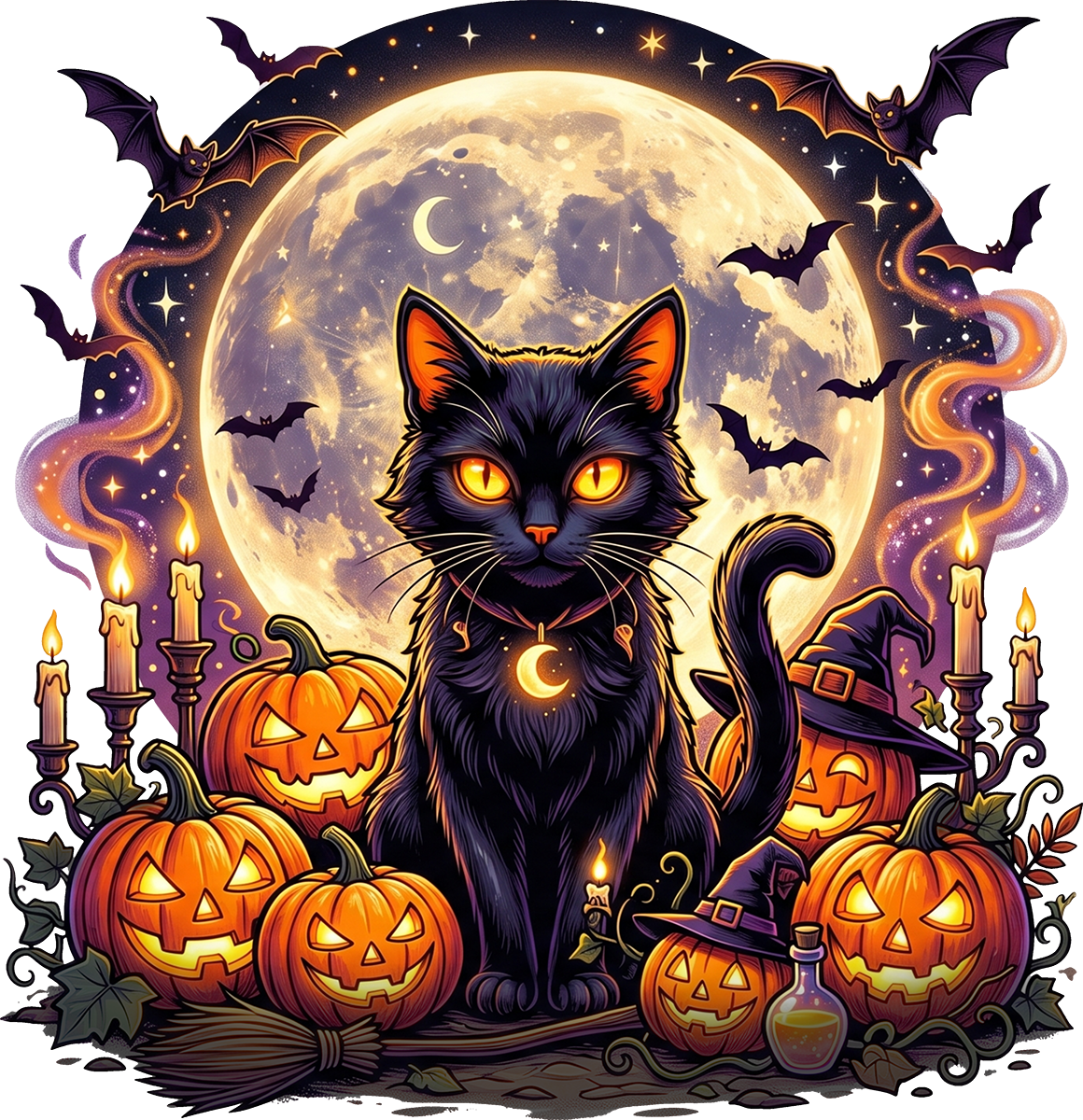 DTF Transfer – Black Cat Scene A Multi Sizes (HA-BC001)