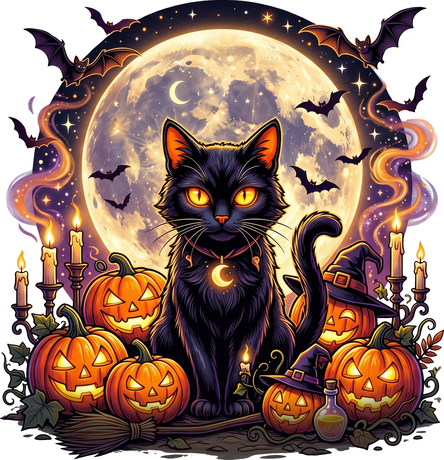 DTF Transfer – Black Cat Scene A Multi Sizes (HA-BC001)