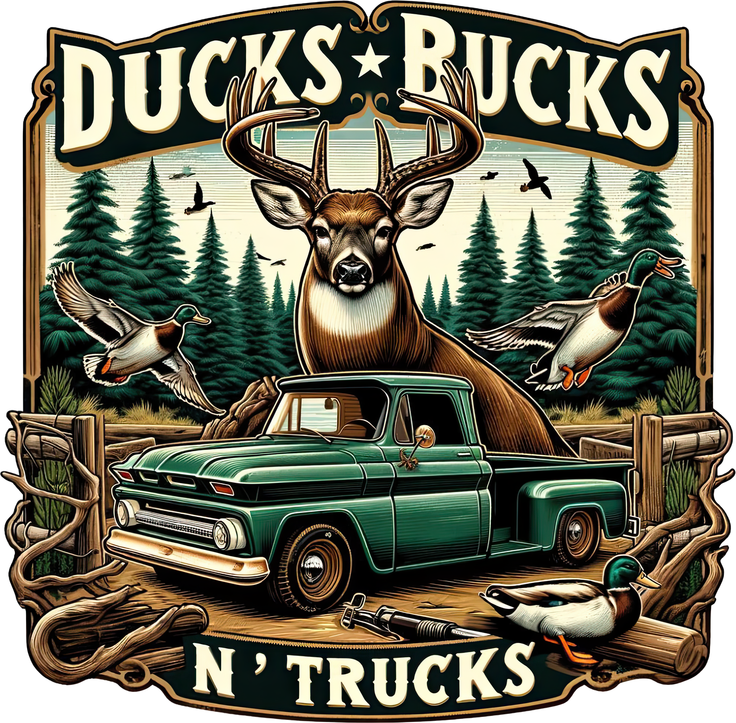 DTF Transfer – JB Ducks Bucks N Trucks Multi Sizes