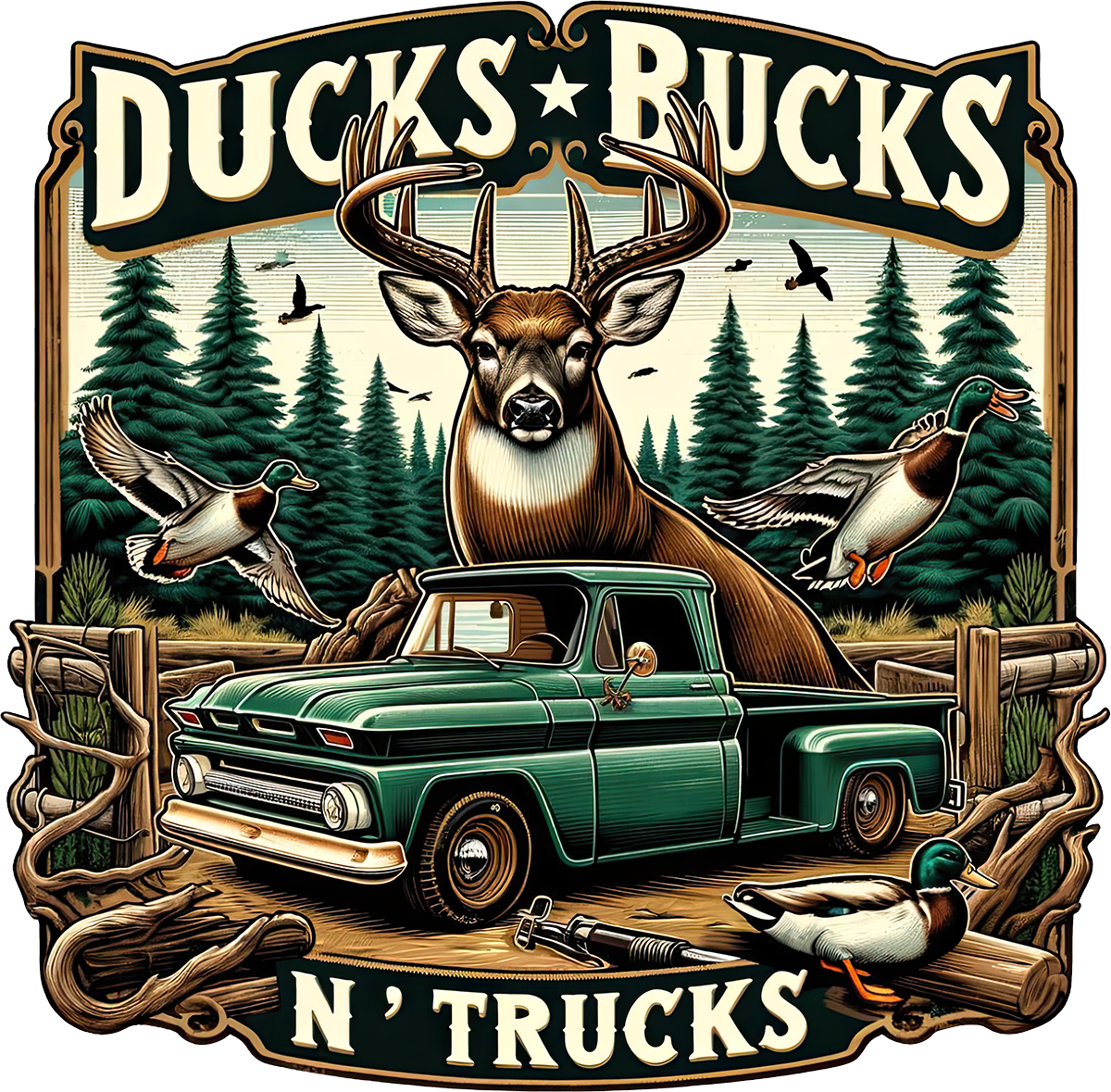 DTF Transfer – JB Ducks Bucks N Trucks Multi Sizes