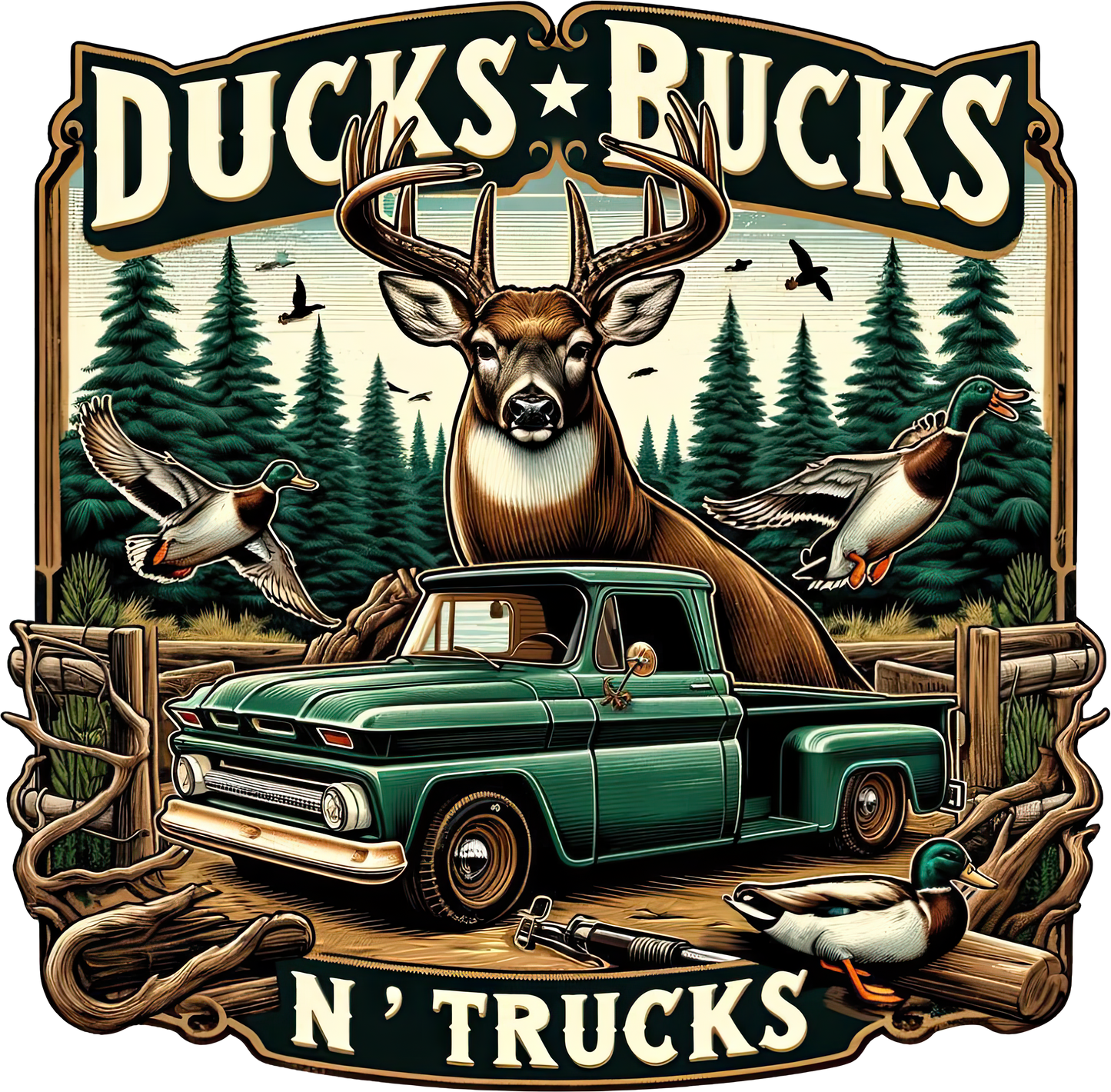 DTF Transfer – JB Ducks Bucks N Trucks Multi Sizes