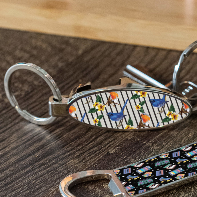 KEYCHAIN BOTTLE OPENER - OVAL WITH BIRD STRIP DESIGN - Get Things Printed INC
